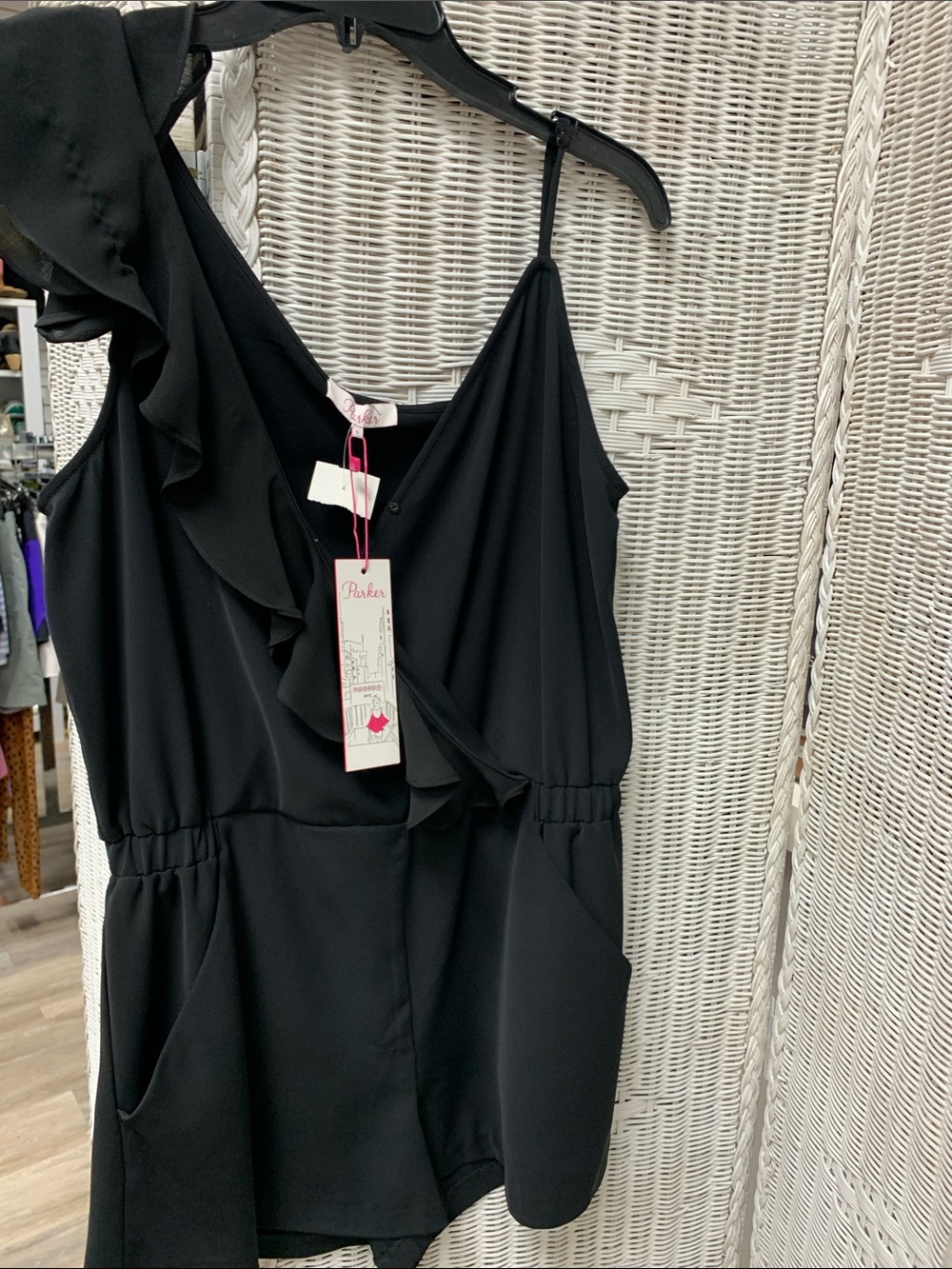 Parker Black One-Shoulder Ruffle Romper